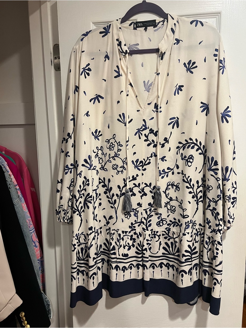 Zara Cream Dress with Navy Floral Border